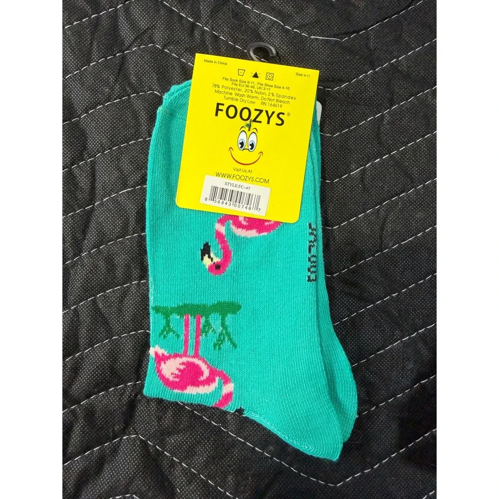 Foozys Crew Socks Womens 9-11 Teal New Flamingo Tropical Novelty Print FC-47